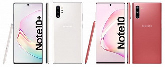 Galaxy Note10+ aparece em branco e Note10 em rosa.