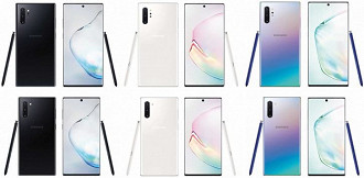 Galaxy Note10+ e Note10 em três cores: preto, branco e pérola.