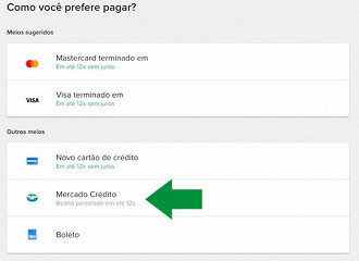 Mercado Crédito - Quando disponível aparece como outras formas de pagamento no ato da compra