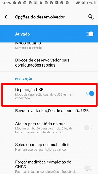 Ativar a depuração USB