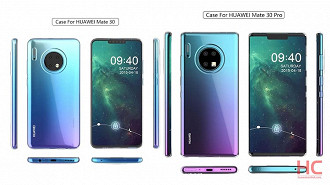 Huawei Mate 30 e Mate 30 Pro - Cases de proteção mostram design do smartphone, que traz amplo notch frontal possivelmente com sensor ToF junto a câmera de selfie, além de câmera tripla traseira