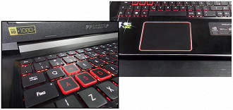 Teclado retroiluminado em vermelho e touchpad grande com suporte a toques múltiplos Teclado retroiluminado em vermelho e touchpad grande com suporte a toques múltiplos
