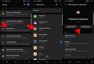 Aplicativos > Pokémon Masters > Forçar Parada
