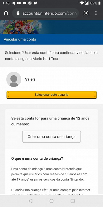 Tela para vincular a conta da Nintendo ao jogo Mario Kart Tour