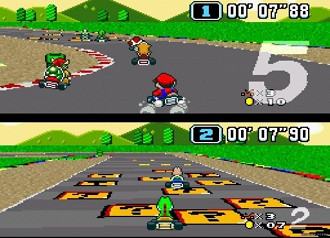Cena do jogo Super Mario Kart no console Super Nintendo (SNES). Fonte: Nintendo
