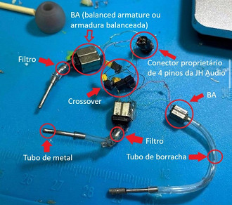 Estruturas internas do CIEM (custom in-ear monitor) JH Audio Layla. Fonte: 94dio (Instagram)