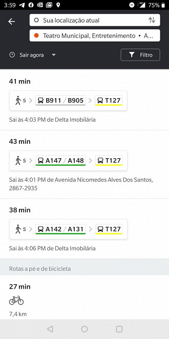 Resultado com sugestões de rotas de acordo com o destino escolhido