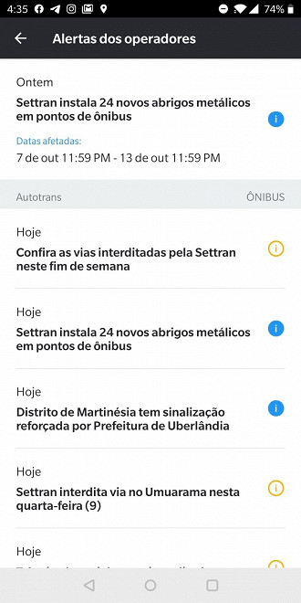 Alertas das operadores sbre modificações no transporte