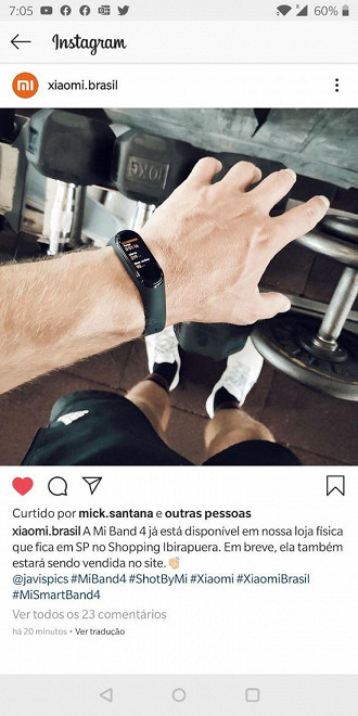 Postagem no Instagram oficial da Xiaomi Brasil exibindo a Mi Band 4