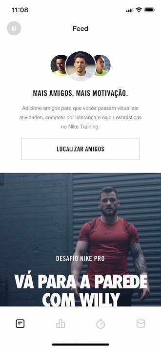 Feed permite ao usuário compartilhar com seus amigos os exercícios que tem feito, assim como ver o que os outros fazem.