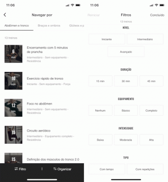 Do lado esquerdo é possível ver os treinos disponíveis para abdômen e tronco. Ao clicar no 