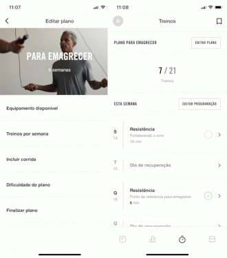 NTC oferece planos personalizados com focos objetivos. É possível editar quantas vezes por semana quer treinar - além dos dias - qual intensidade e equipamentos.