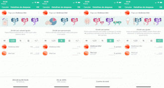 Tipos de divisão de gastos oferecidos pelo Splitwise.