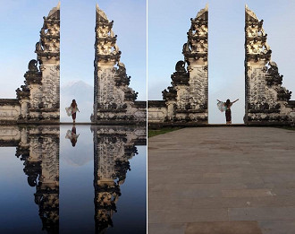 Foto famosa no templo hindu Pura Lempuyang Luhur é falsa. A imagem do lado direito mostra como realmente é o lugar.