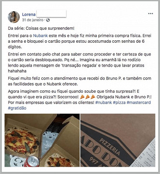 Cliente do Nubank que recebeu uma pizza porque seu cartão estava bloqueado e queria ir no rodizio. Fonte: Facebook
