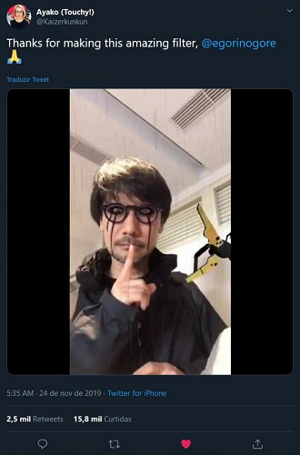 Hideo Kojima utilizando o filtro de Death Stranding no Instagram. Fonte: Ayako (Twitter)