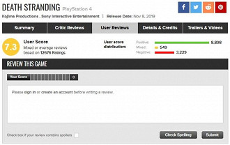 Avaliações de Death Stranding no site Metacritic. Fonte: metacritic