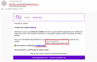 E-mail malicioso com a mensagem de bloqueio parcial do cartão falsa. Fonte: Forum NuCommunity