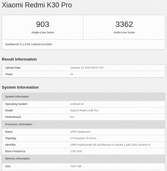 Redmi K30 Pro no Geekbench