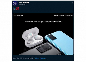 @evleaks no Twitter mostrou imagens de pré-venda dos novos Samsung Galaxy S20+ e S20 Ultra