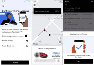 Telas demonstrando a nova funcionalidade do código de verificação disponibilizado pela Uber. Fonte: Uber