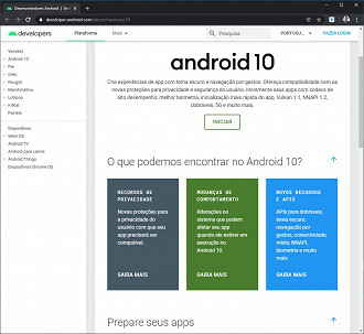 Página destinada aos desenvolvedores - Agora mostra informações sobre o Android 10