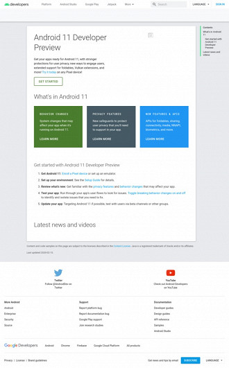 Página do Android 11 para desenvolvedores. Fonte: AndroidPolice