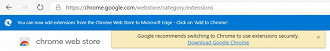 Mensagem que aparece no Microsoft Edge ao acessar as extensões do Chrome. Fonte: mspoweruser