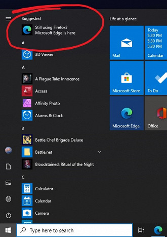 Aviso que aparece no menu iniciar do Windows 10. Fonte: mspoweruser