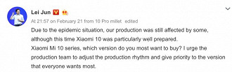 Lei Jun revela que a produção da linha Mi 10 foi afetada