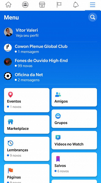 Novo visual da tela de perfil/configurações do app do Facebook.