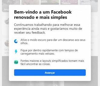 Mensagem convidando para experimentar o novo visual do Facebook