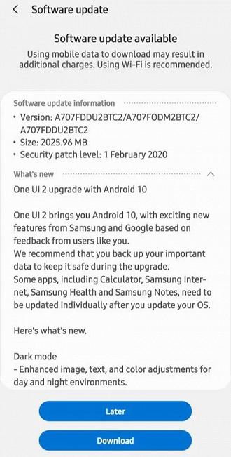 Atualização do Android 10 no Galaxy A70s
