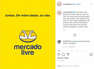 Postagem do Mercado Livre no Instagram com a nova logo temporária promovendo cuidados para evitar a transmissão do Coronavirus. Fonte: MercadoLivre