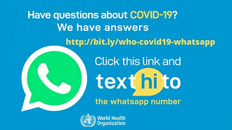 Banner da OMS (Organização Mundial da Saúde) promovendo o Alerta da Saúde OMS (WHO Health Alert)  no Whatsapp. Fonte: WHO (Twitter)