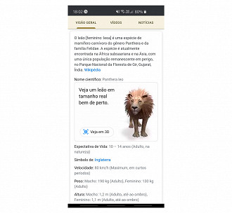 O resultado da busca retorna algumas informações e basta rolar para baixo que o animal virtual aparece