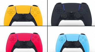 Design nas cores preta, vermelha, amarela e azul, do controle DualSense do PS5. Fonte: thefleshmonk (Twitter)