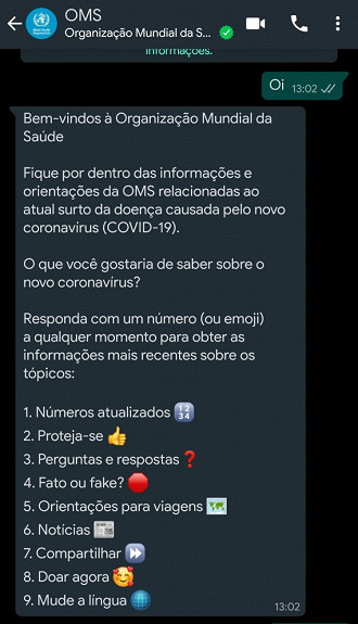 Mensagem da OMS (Organização Mundial da Saúde) no Whatsapp