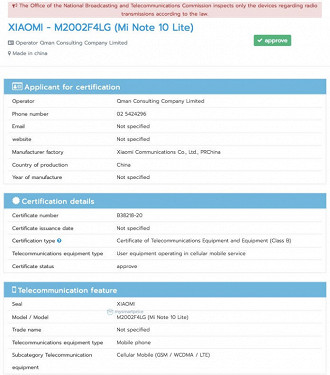 Certificação do Mi Note 10 Lite no NBTC