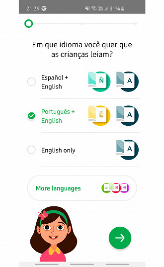Vários idiomas estão disponíveis no aplicativo.