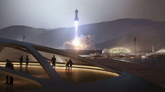 Ilustração artística das naves espaciais da SpaceX em Marte.