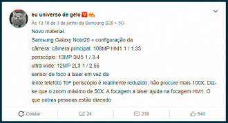 IceUniverse em sua conta na rede social Weibo trouxe hoje novas informações sobre as câmeras do Galaxy Note 20+