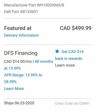 Data de lançamento do headphone Sony WH-1000XM4 no site canadense da Dell.  Fonte: TheWalkmanBlog