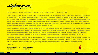 Comunicado sobre o adiamento do lançamento de Cyperpunk 2077 para 19 de novembro. Fonte: Cyberpunk2077 (Twitter)