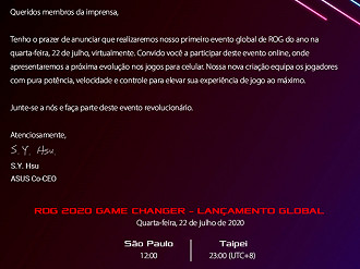 Convite para o evento de lançamento do ROG Phone III aqui no Brasil