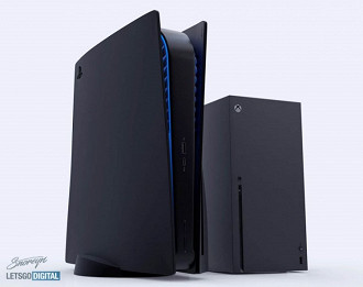 Parte lateral dos consoles Playstation 5 e Xbox Series X lado a lado. Fonte: letsgodigital