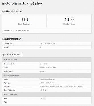 Moto G9 Play no Geekbench