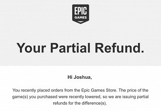 Reembolso dado pela Epic Games ao usuário devido a baixa de preço de alguns jogos que ocorreu na plataforma. Fonte: jboggsie (Twitter) Reembolso dado pela Epic Games ao usuário devido a baixa de preço de alguns jogos que ocorreu na plataforma. Fonte: jboggsie (Twitter)