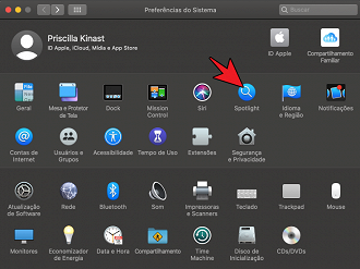 Preferências do sistema > Spotlight