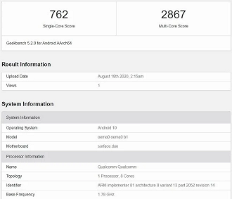 Pontuação registrada pelo Surface Duo no Geekbench